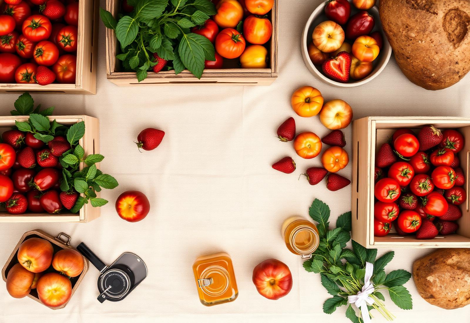 Overhead view of fresh produce at a farmers market